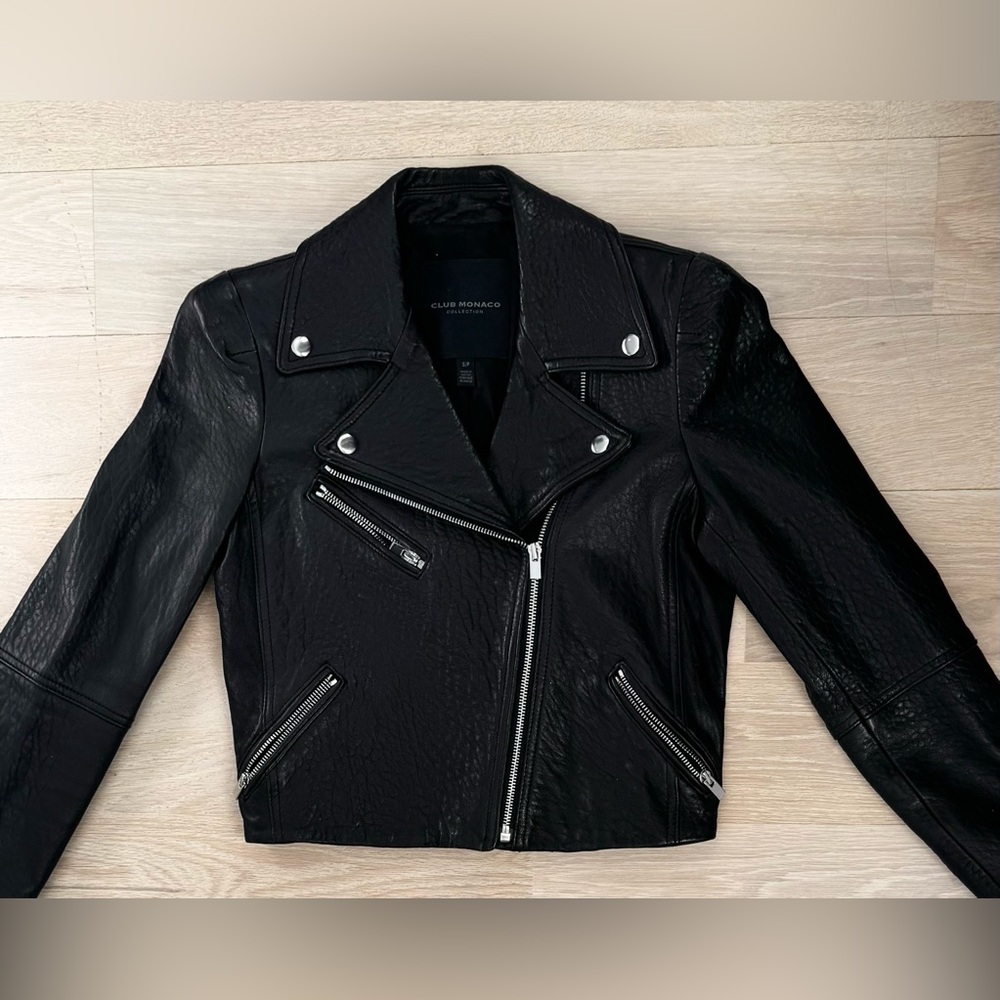 Club Monaco Collection Cropped Leather Biker Moto Jacket - Size Small - Picture 2 of 9